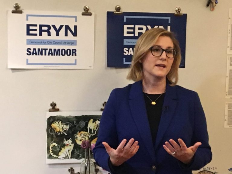 At-large City Council candidate Eryn Santamoor talks at meet and greet with voters