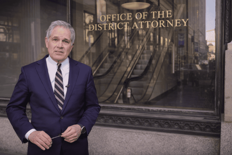 Larry Krasner outside the District Attorney's office